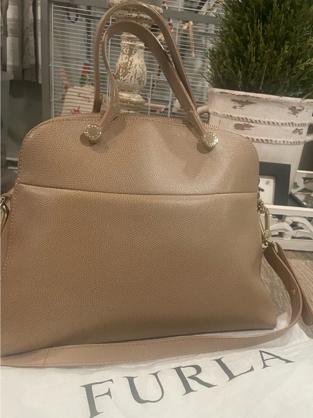 Furla Camel Tan Dome Satchel with Detachable Strap